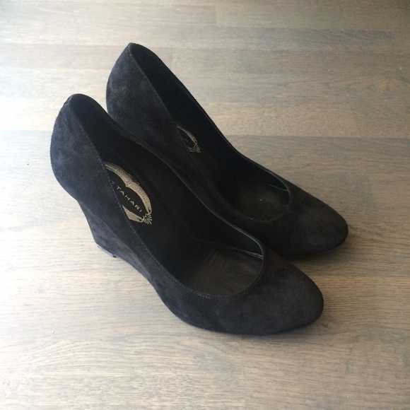 Elie Tahari | Black suede wedge heels - Picture 2 of 7